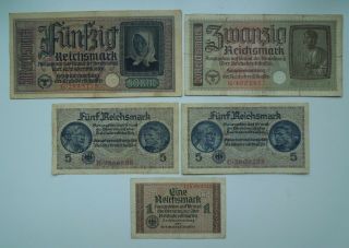 Germany 1,  5,  20,  50 Reichsmark Ww2 1940 - 45 (5 Banknoten),