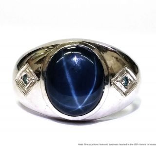 14k White Gold Natural Star Sapphire Blue Diamond Mens Vintage Ring Size 10