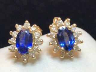 Estate Vintage Yellow 14k Gold Blue Sapphire & Natural Diamond Earrings Halo