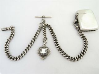 Antique Double Albert Silver Watch Chain & Vesta And Fob Birmingham 1908