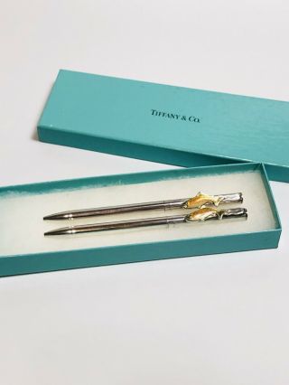 Vintage Tiffany & Co Sterling Silver Ballpoint Pen Set W/ Enamel Trout Clips