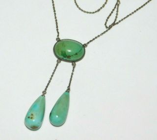Rare,  Antique,  Edwardian,  Silver With Natural Turquoise Drop Pendant Necklace
