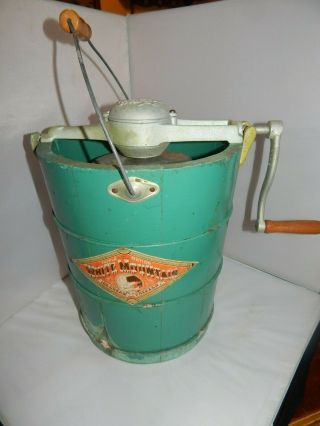 Vintage White Mountain Ice Cream Maker Freezer Hand Crank Turquoise 4qt