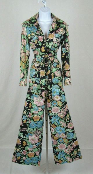 Vtg 1960s Mod Saks 5th Avenue Floral Pant Suit Rhinestones Crystal Button Cotton