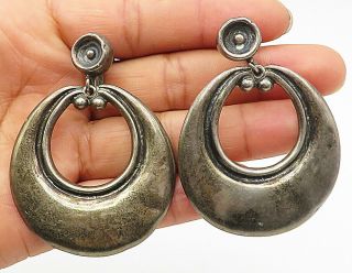 Taxco Mexico 925 Silver - Vintage Antique Large Open Circle Drop Earrings - E4571