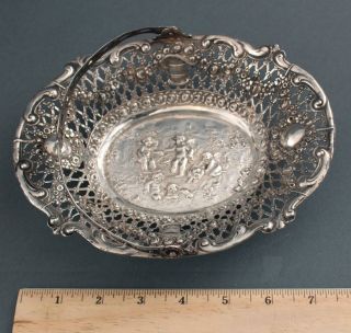 Antique German 800 Silver Fairies Playing Rose Repousse Openwork Handled Basket