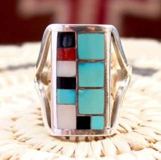 Vintage Zuni Sterling Multi Stone Curved Ring,  Signed