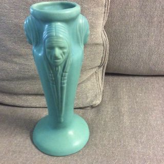 Vintage Van Briggle Pottery Three Head Vase " Pristine " Blue