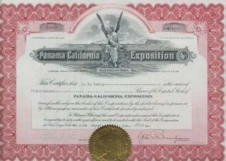 1915 Panama - California Exposition Capital Stock Certificate - Rare