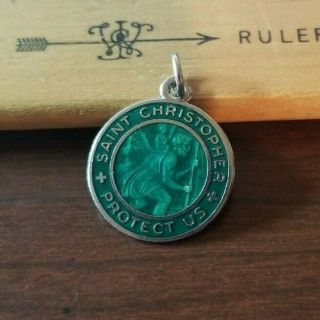 Vtg Regina Sterling Silver Pearl Green Enamel St.  Christopher Pendant Charm