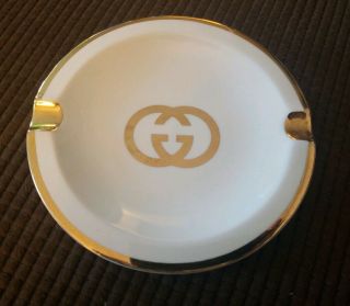 Vintage Gucci Ashtray,  Made In Italy By Gucci Cigarette 5.  5 Inches Round,  Gold