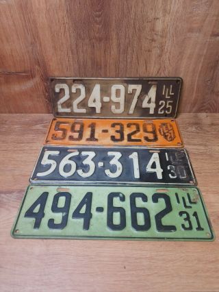 4 Vintage Illinois License Plates.  1925.  1927.  1930.  1931
