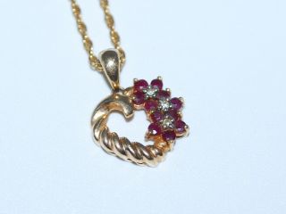 Vintage 10k Gold Ruby & Diamond Heart Pendant W/ Gold 17 " Chain