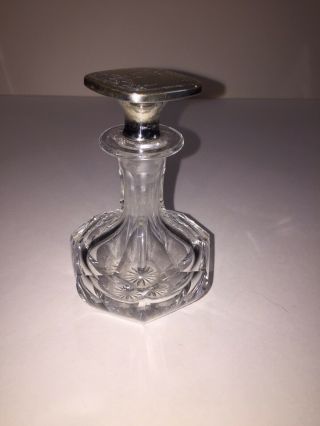 Antique Victorian Large Crystal Perfume Bottle Jar Engraved Sterling Silver Top