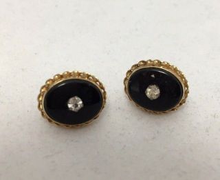14k Yellow Gold Vintage Estate Jewelry Post Earrings W/ Black Stone & Clear Gem
