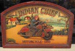 Vintage Indian Chief Motorcycle 1953 Hand Painted 3d Wooden Sign Very Rare