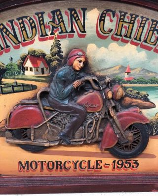 Vintage Indian Chief Motorcycle 1953 Hand painted 3D Wooden Sign very Rare 3