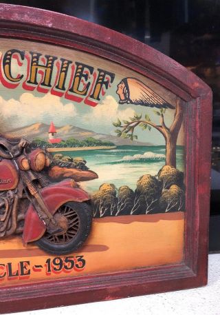 Vintage Indian Chief Motorcycle 1953 Hand painted 3D Wooden Sign very Rare 4
