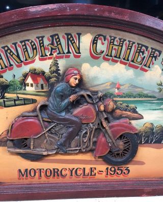Vintage Indian Chief Motorcycle 1953 Hand painted 3D Wooden Sign very Rare 5