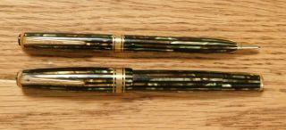 Vintage Parker Duofold Fountain Pen & Pencil Set,  In Striped Green & Gold Pearl.