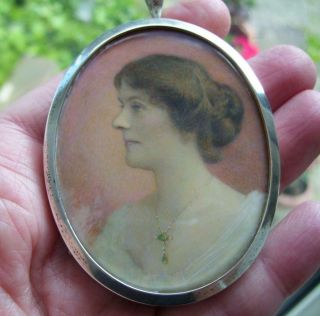 Antique Edwardian C1910 Hand Painted Miniature Portrait Silver Frame Pendant