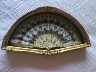 Antique Victorian Floral Hand Painted Fan With Gold Shadow Box