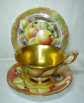 Top Quality Vintage Coalport Hand Painted Gold & Fruits Cup & Saucer Trio Signed