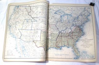 Vintage United States Confederate And Union Atlas Map,  Civil War Era 1865