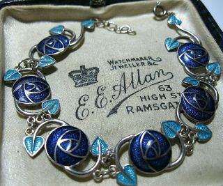 Vintage Sterling Silver Rennie Mackintosh Art Nouveau Blue Enamel Link Bracelet