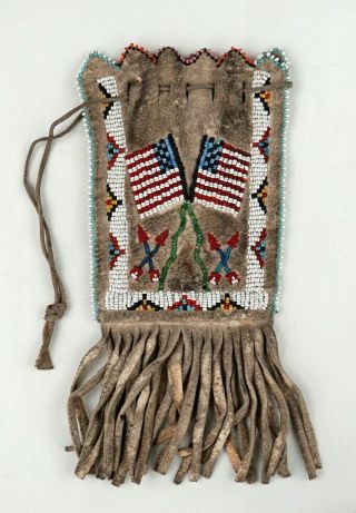 Vintage Native American Beaded Bag / Pouch Patriotic American Flags