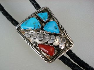Vintage F.  Cheama Zuni Sterling Silver & Turquoise Coral Bolo Tie