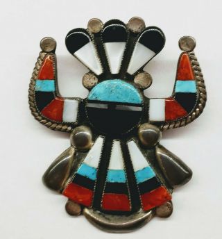 Vintage Zuni Kachina Inlay Ster Silver Turq Coral Onyx Mop Pin Brooch 20.  5 G