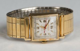 Vintage Mens Hallmark 17 Jewel Art Deco Style 14k Gold Wrist Watch Swiss