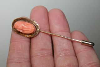 Antique 10k Yellow Gold High Relief Carved Coral Stick Pin