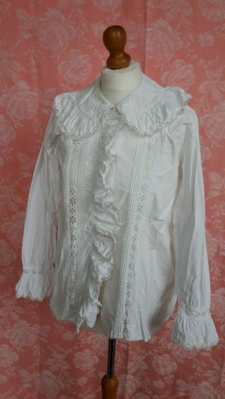 Antique White Cotton Blouse Ruffle Long Sleeve Embroidery Vintag French Handmade