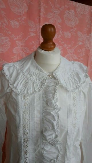 Antique White Cotton Blouse Ruffle Long Sleeve Embroidery Vintag French Handmade 2