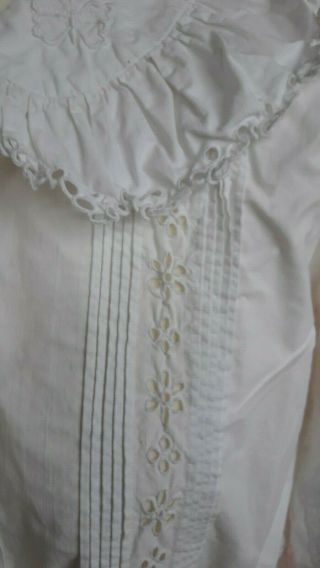 Antique White Cotton Blouse Ruffle Long Sleeve Embroidery Vintag French Handmade 4