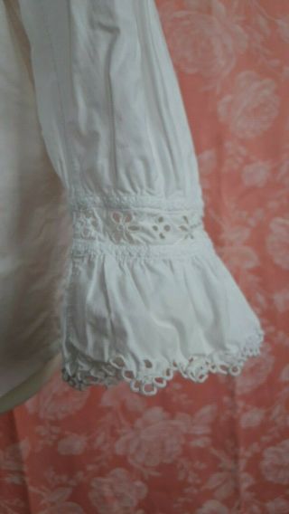 Antique White Cotton Blouse Ruffle Long Sleeve Embroidery Vintag French Handmade 6