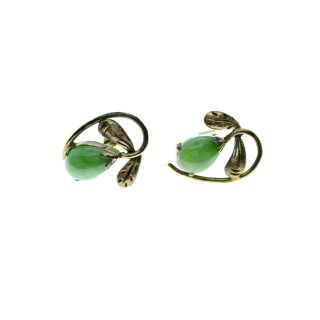 Vintage Florentine Finish 14k Yellow Gold Natural Jadeite Jade Earrings w Patina 2