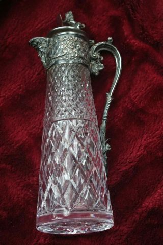 Victorian Glass And Silver Plate Claret Jug With Lion Finial