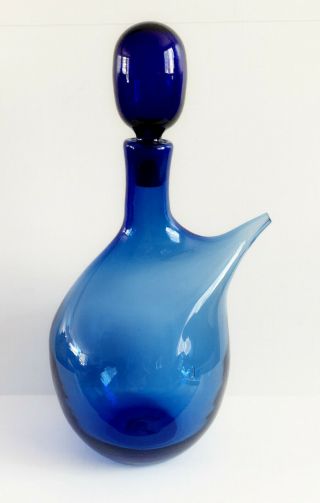 Rare Early Blenko 5921 Persian Blue Decanter Bottle W/ Spout & Stopper Signed