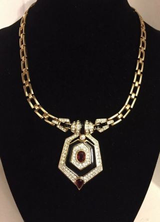 Vintage Signed Panetta Red Rhinestone Art Deco Necklace