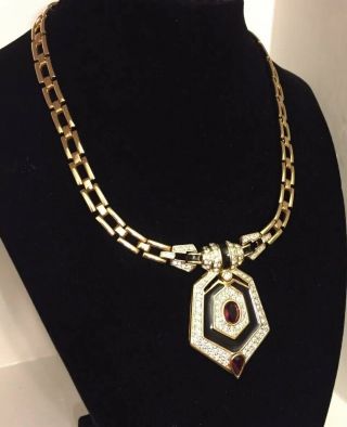 Vintage Signed Panetta Red Rhinestone Art Deco Necklace 2
