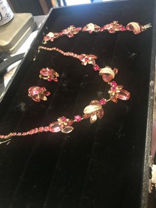 Vtg Weiss Necklace Bracelet Earrings Set Ab Rhinestone Pink Signed