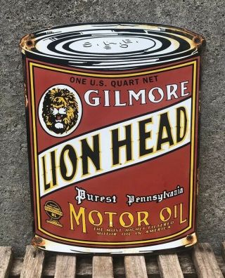Vintage Gilmore Lion Oil Can Porcelain Sign Service Station Gas Pump Plate