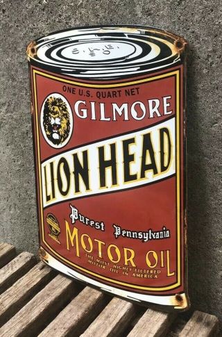 VINTAGE GILMORE LION OIL CAN PORCELAIN SIGN SERVICE STATION GAS PUMP PLATE 3