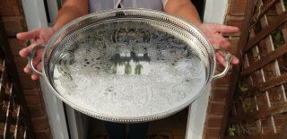 A Very Elegant Vintage Silver Plated Gallery Serving Tray With Engraved Patterns