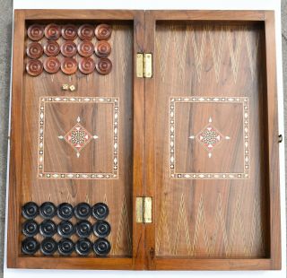 Vintage Mother Of Pearl & Wood Inlay Backgammon Board Games Box