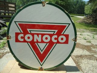 Vintage Green Conoco Gasoline & Oil Porcelain Gas Station Pump Sign