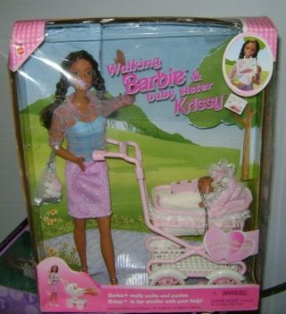 1999 Walking Barbie And Baby Sister Krissy African American Black W/box